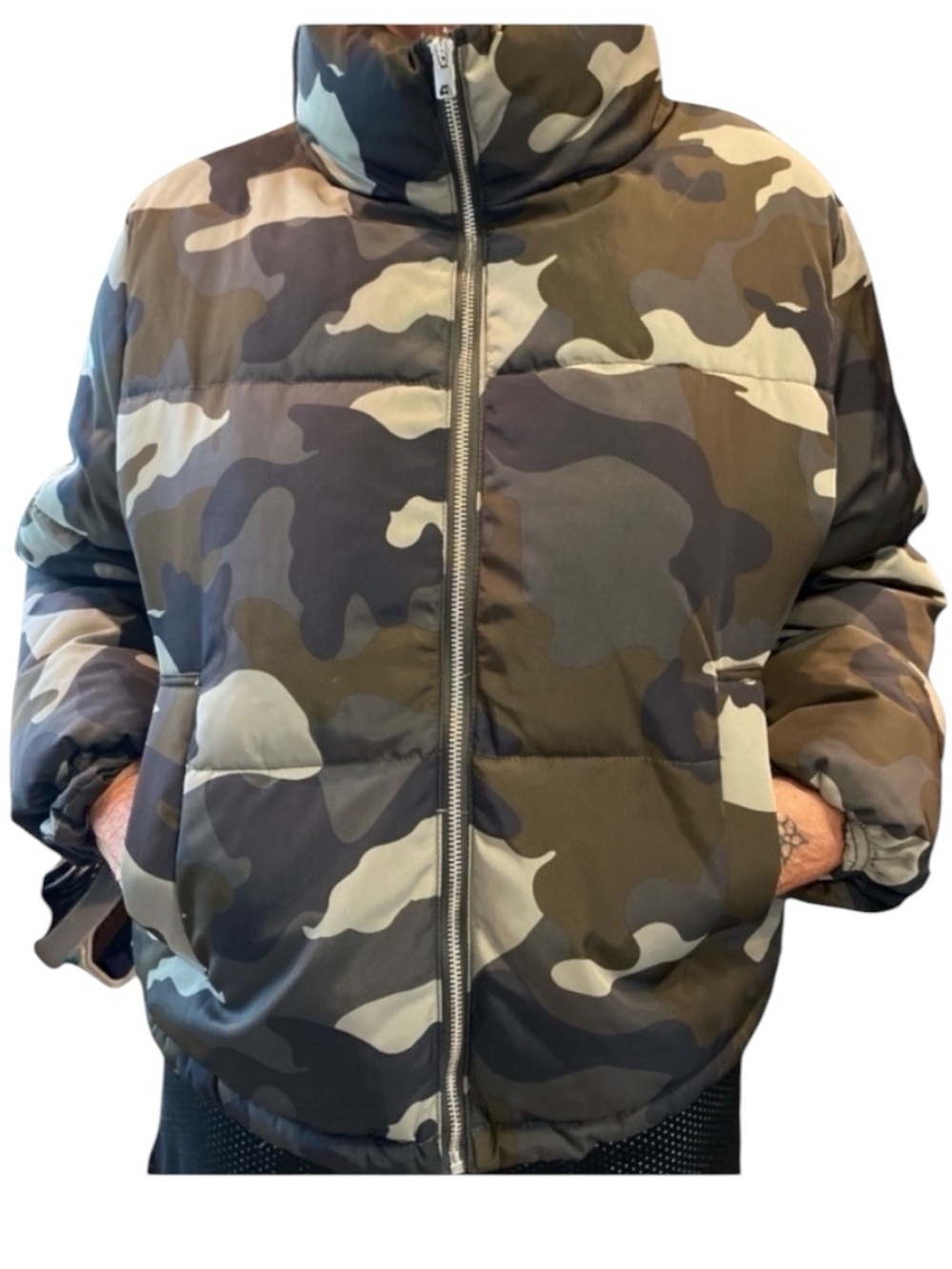H&M Divide Camouflage Puffer Green & Tan bomber Jacket SZ 12 New
